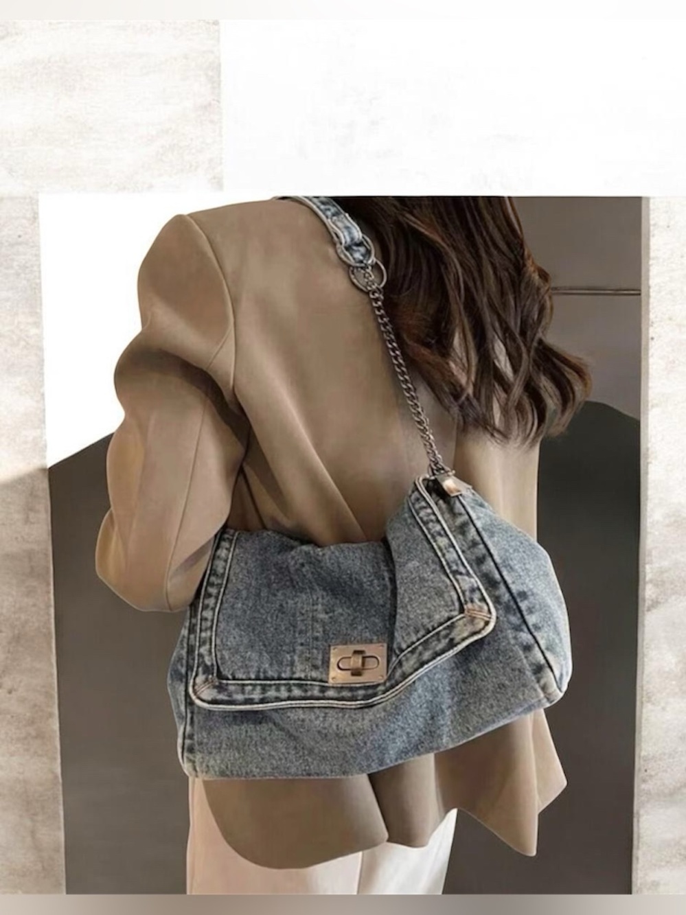 Denim Shoulder Bag with Chain Strap - Blue - Picture 6 of 6